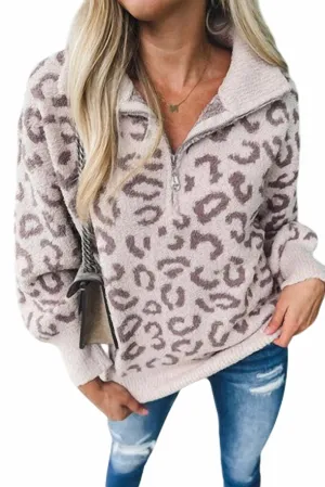 Animal Print Super Soft Fleece Half Zip Sweater In Cream