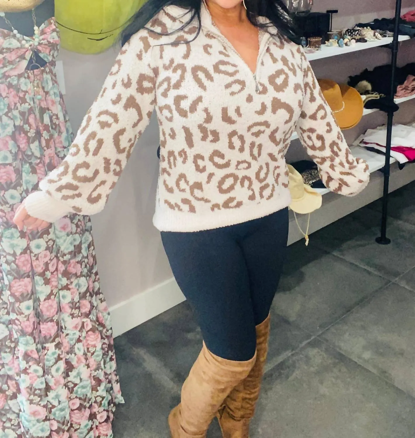 Animal Print Super Soft Fleece Half Zip Sweater In Cream