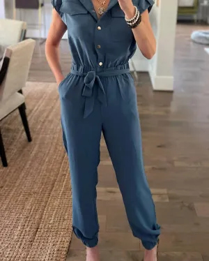 Belted Jumpsuit In Whale Blue