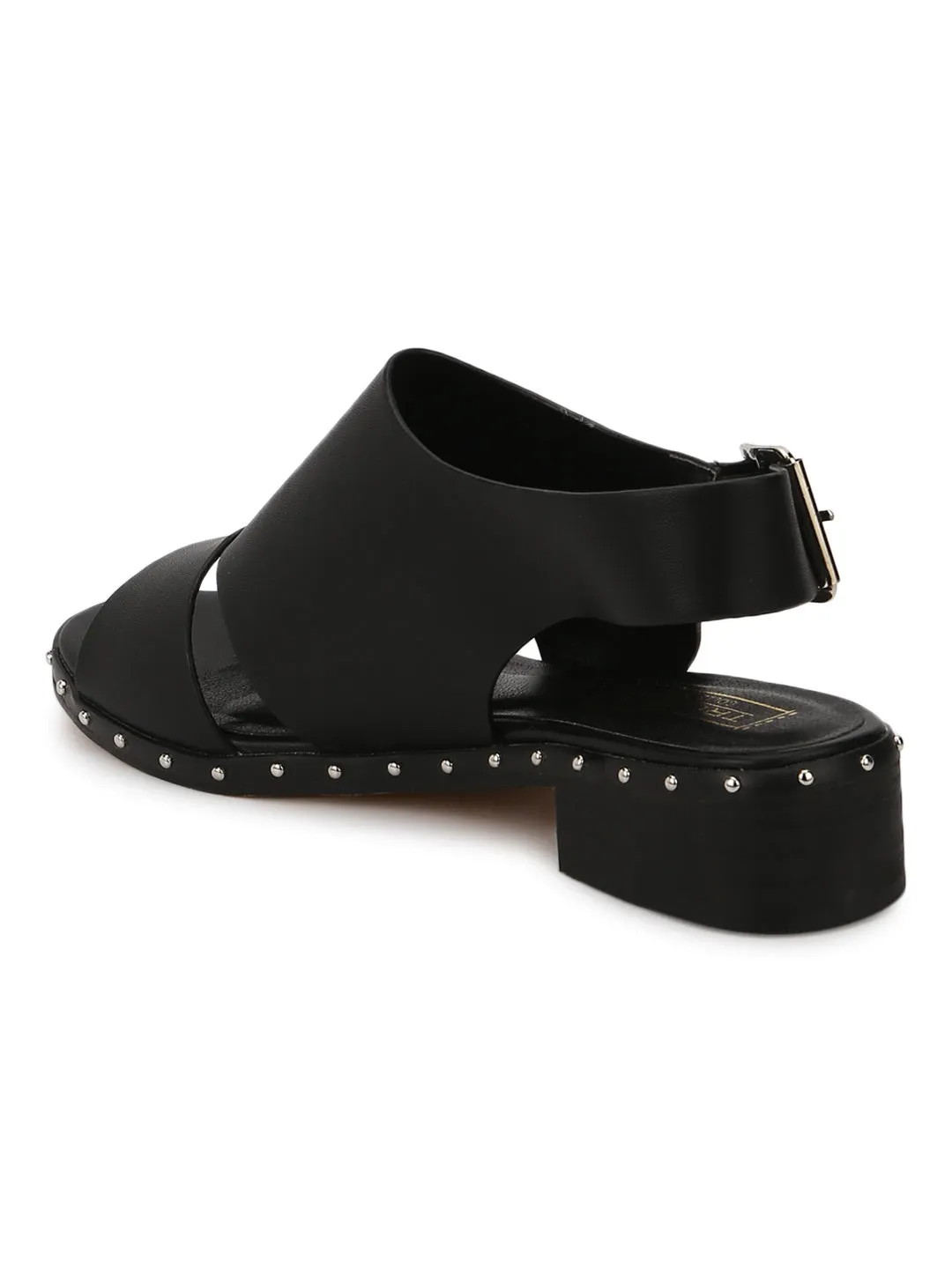 Black PU Studded Low Heel Sandals