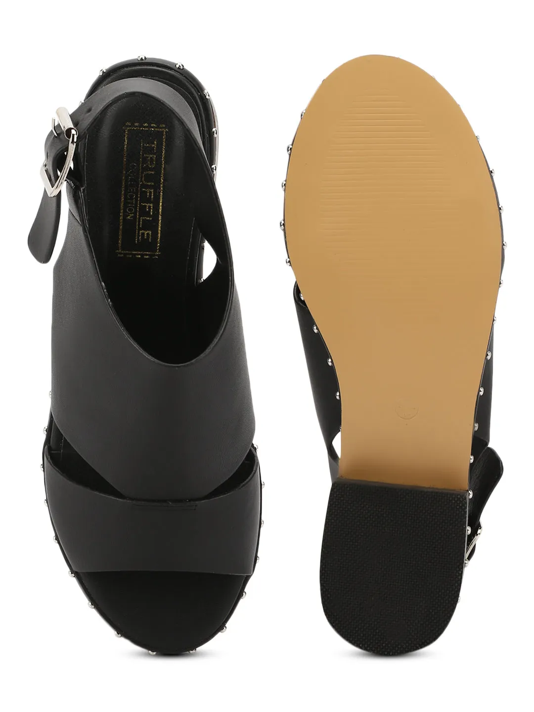 Black PU Studded Low Heel Sandals