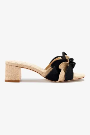 Brigitte Ruffle Mule In Beige and Black Raffia