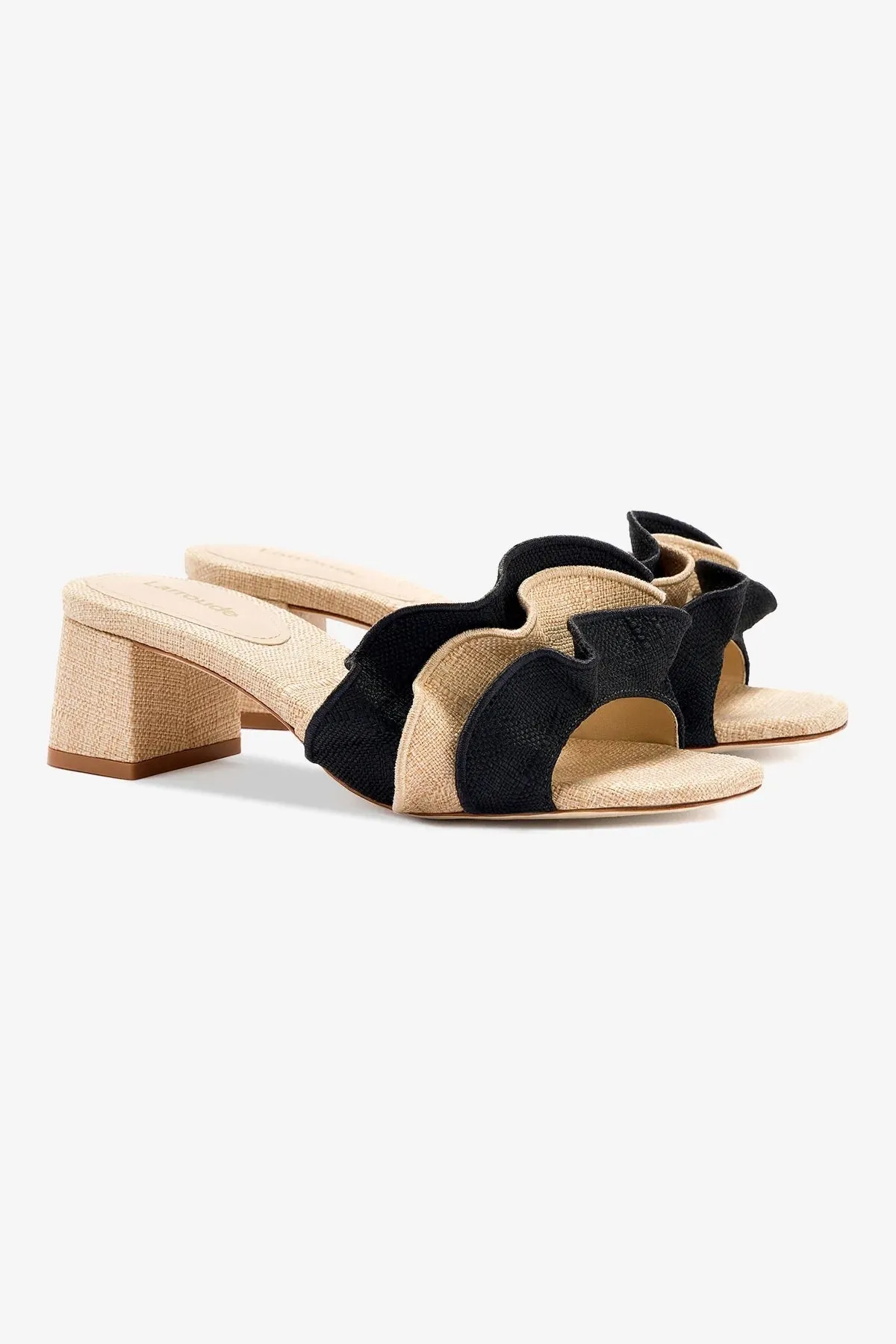 Brigitte Ruffle Mule In Beige and Black Raffia