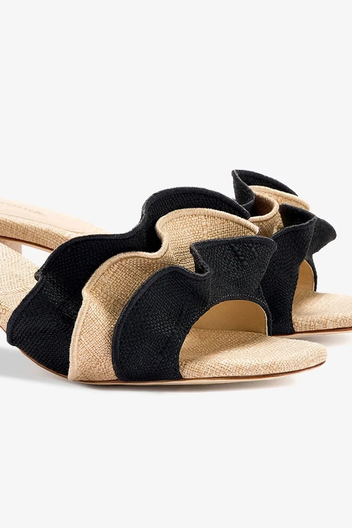 Brigitte Ruffle Mule In Beige and Black Raffia