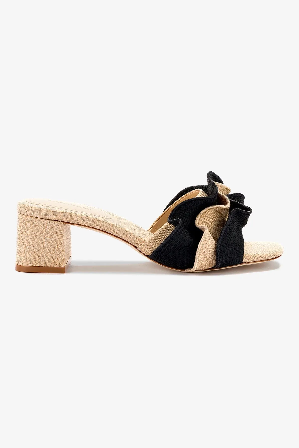 Brigitte Ruffle Mule In Beige and Black Raffia