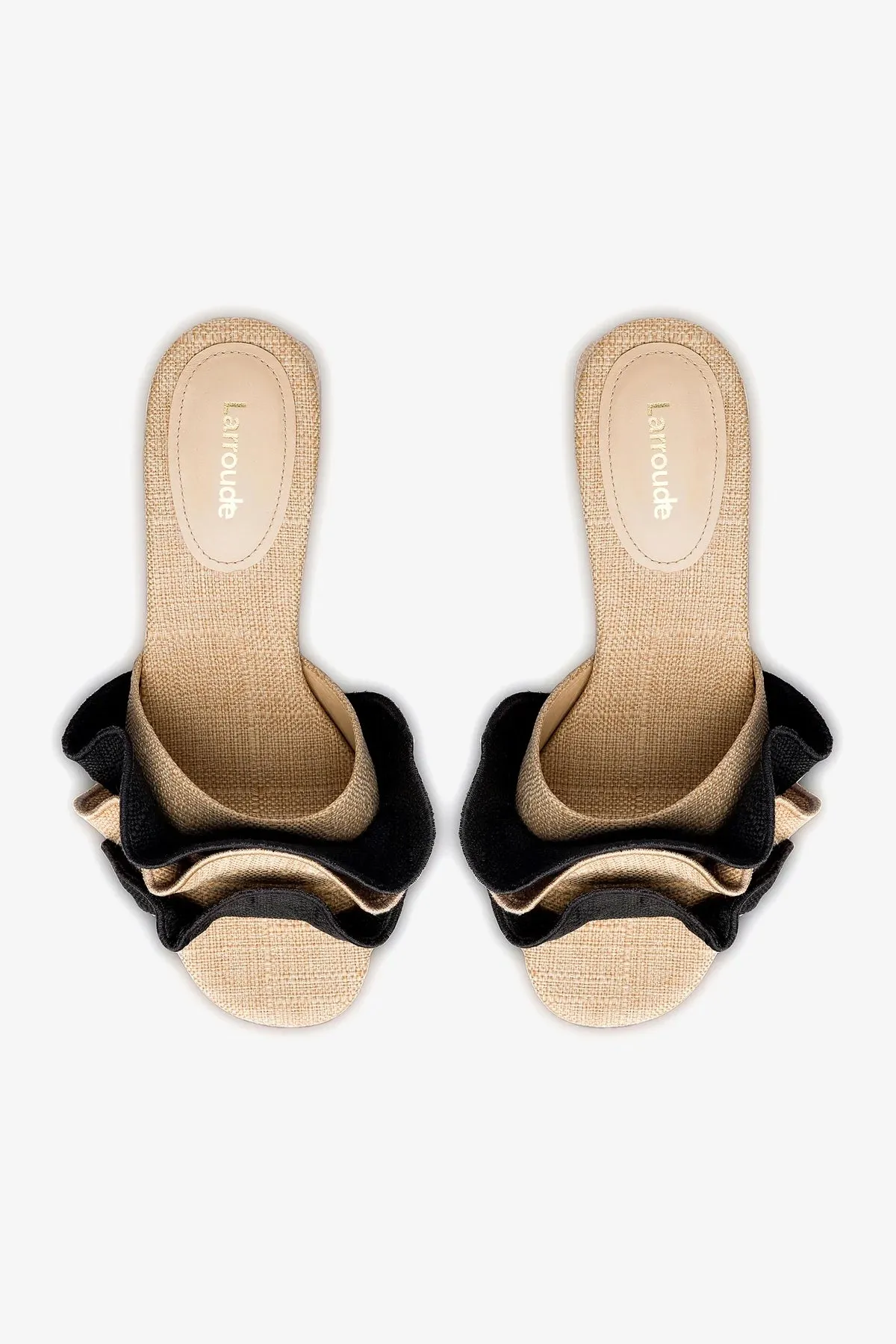 Brigitte Ruffle Mule In Beige and Black Raffia