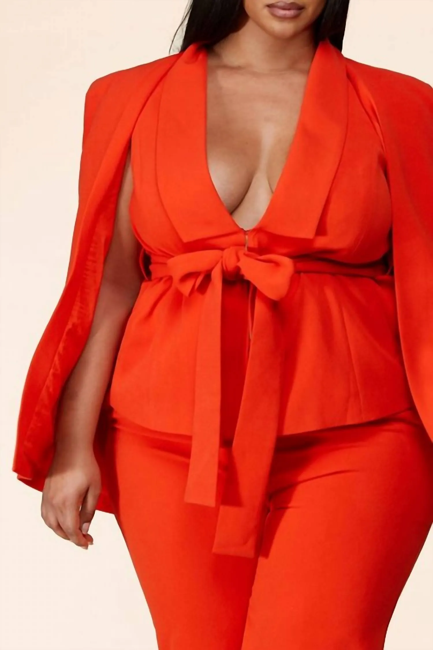 Caped Blazer Suit In Coral Red