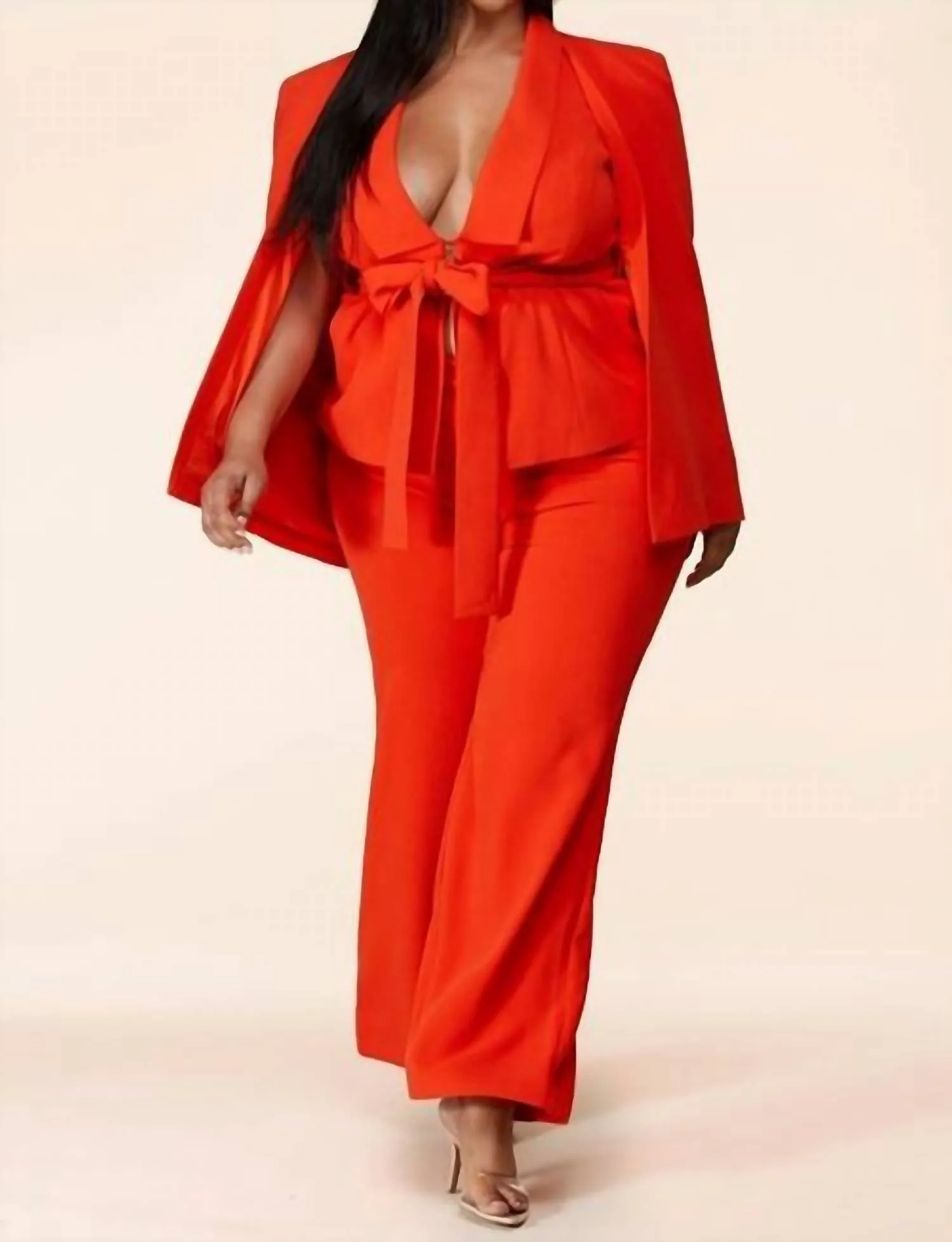 Caped Blazer Suit In Coral Red