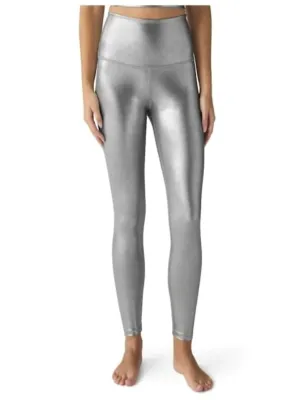 Caught In The High Waisted Midi Leggings In Liquid Silver