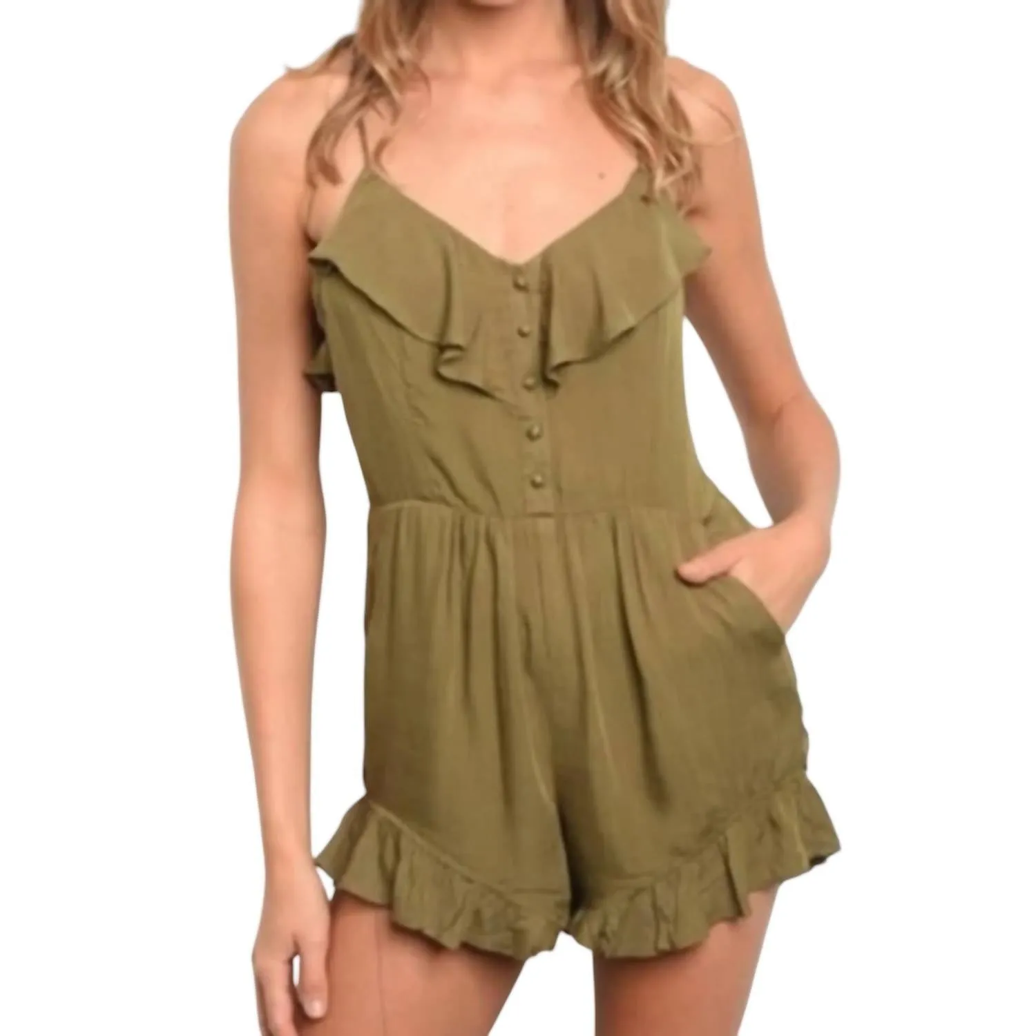 Chic Ruffled Romper In Olive Green