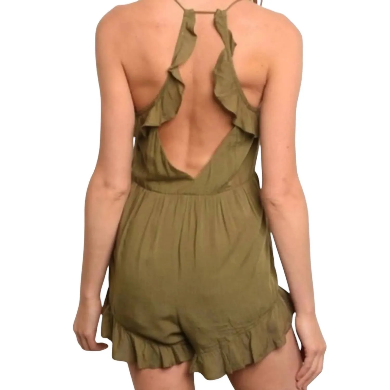 Chic Ruffled Romper In Olive Green