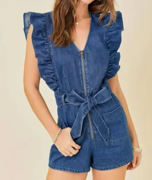 Denim Belted Romper In Blue