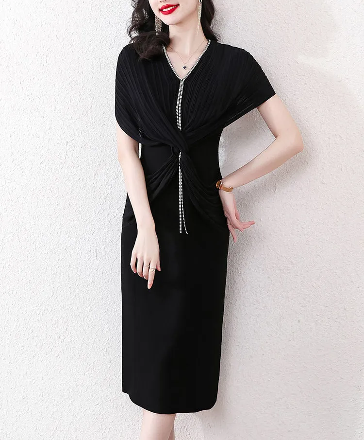 Elegant Women Slim Pleated V-Neck Dress