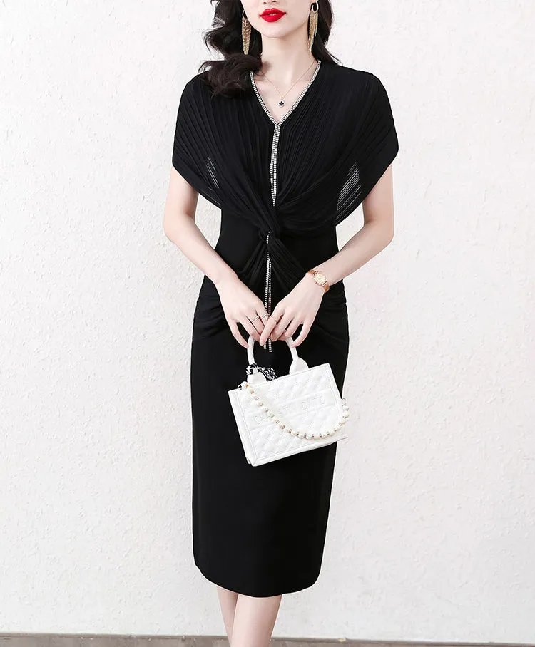 Elegant Women Slim Pleated V-Neck Dress
