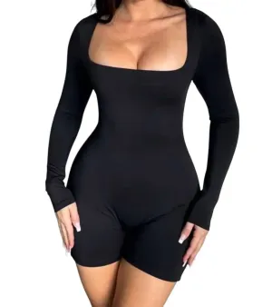 Erin Square Neck Long-Sleeve Romper In Black