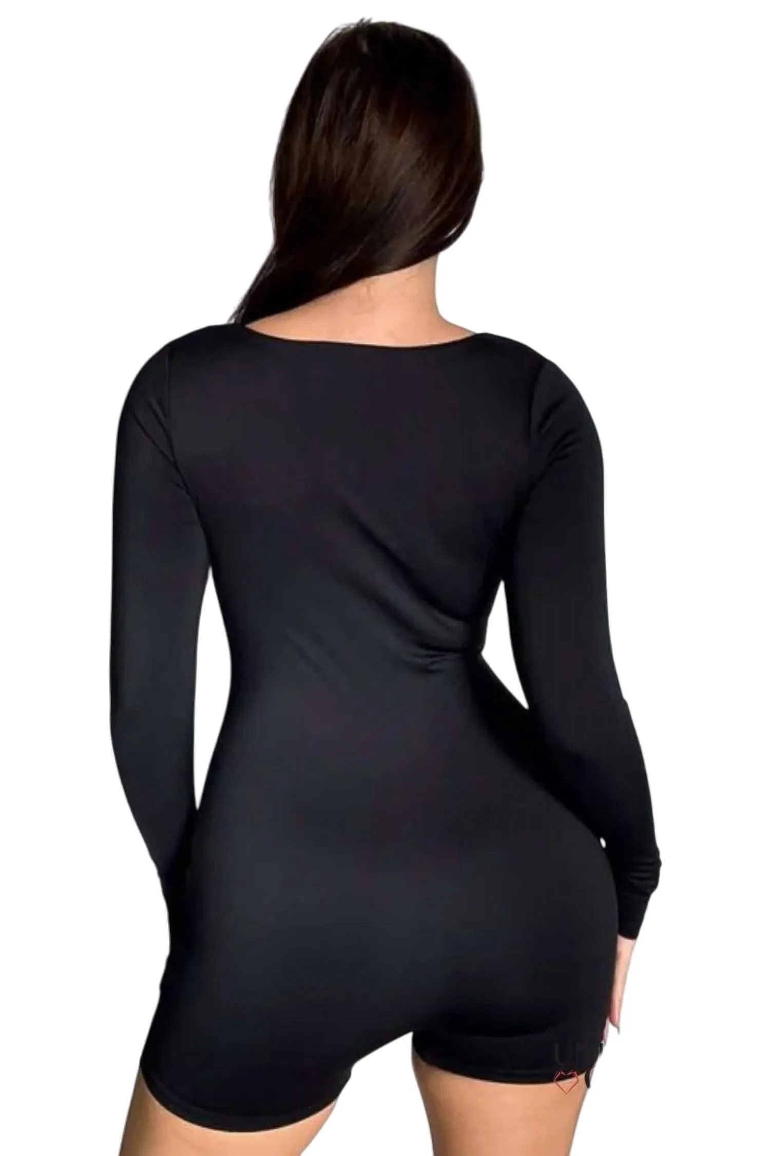 Erin Square Neck Long-Sleeve Romper In Black