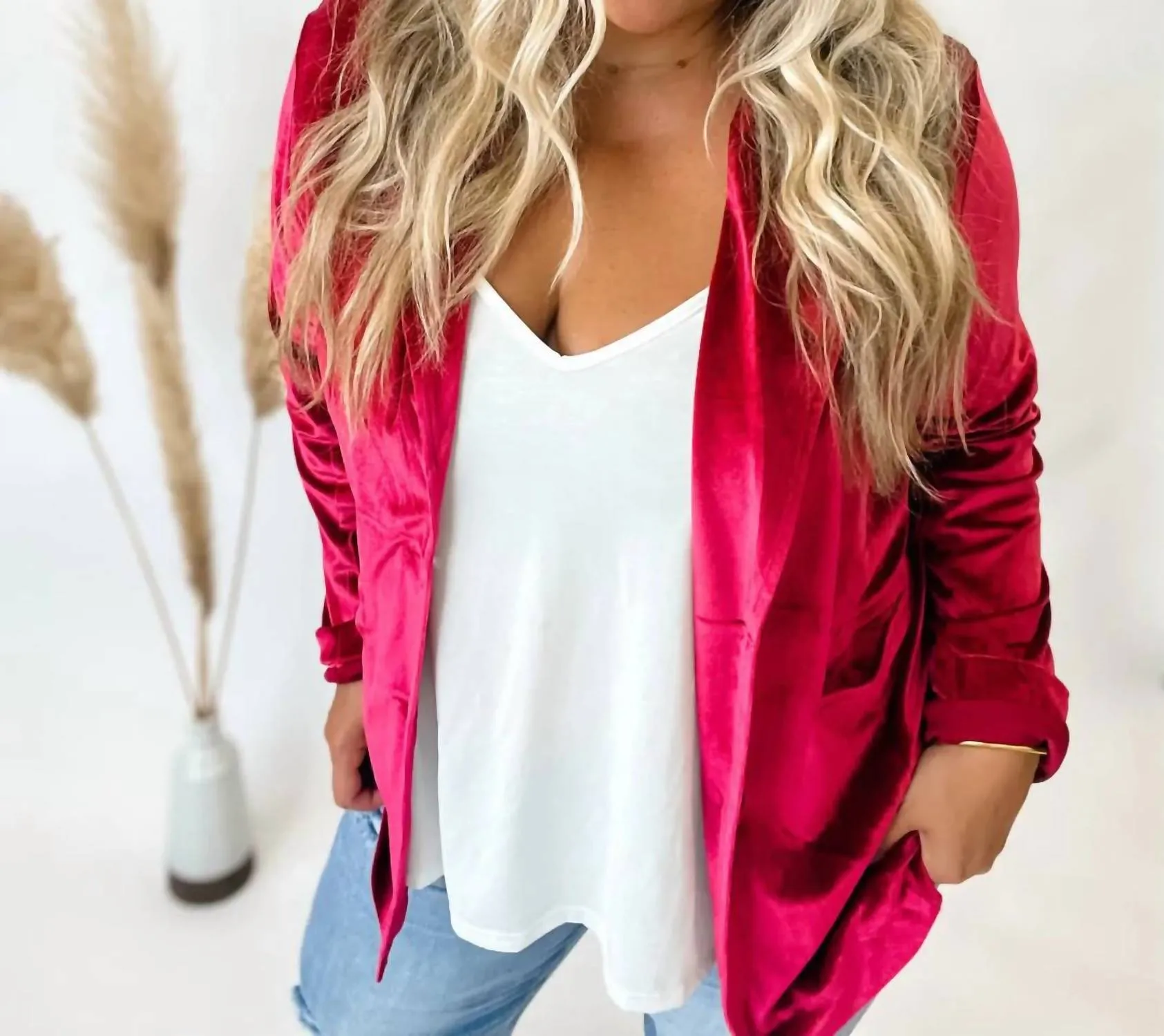 Everything We Knew Velvet Blazer In Red Wine