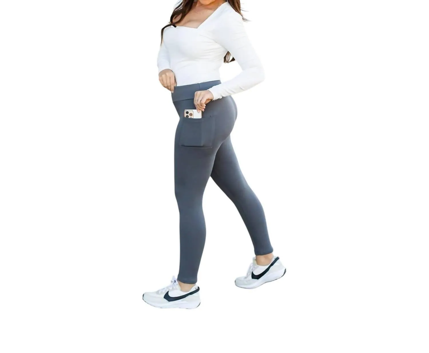 Fleece Full Length Leggings With Pockets In Charcoal