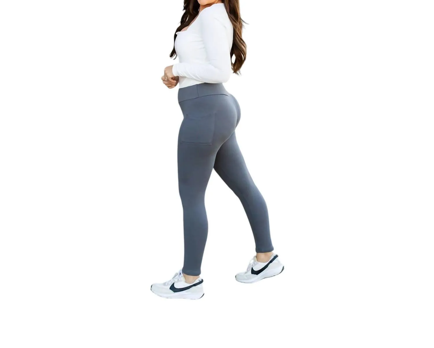 Fleece Full Length Leggings With Pockets In Charcoal