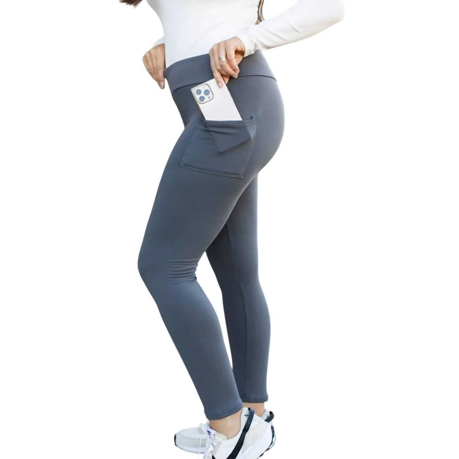 Fleece Full Length Leggings With Pockets In Charcoal