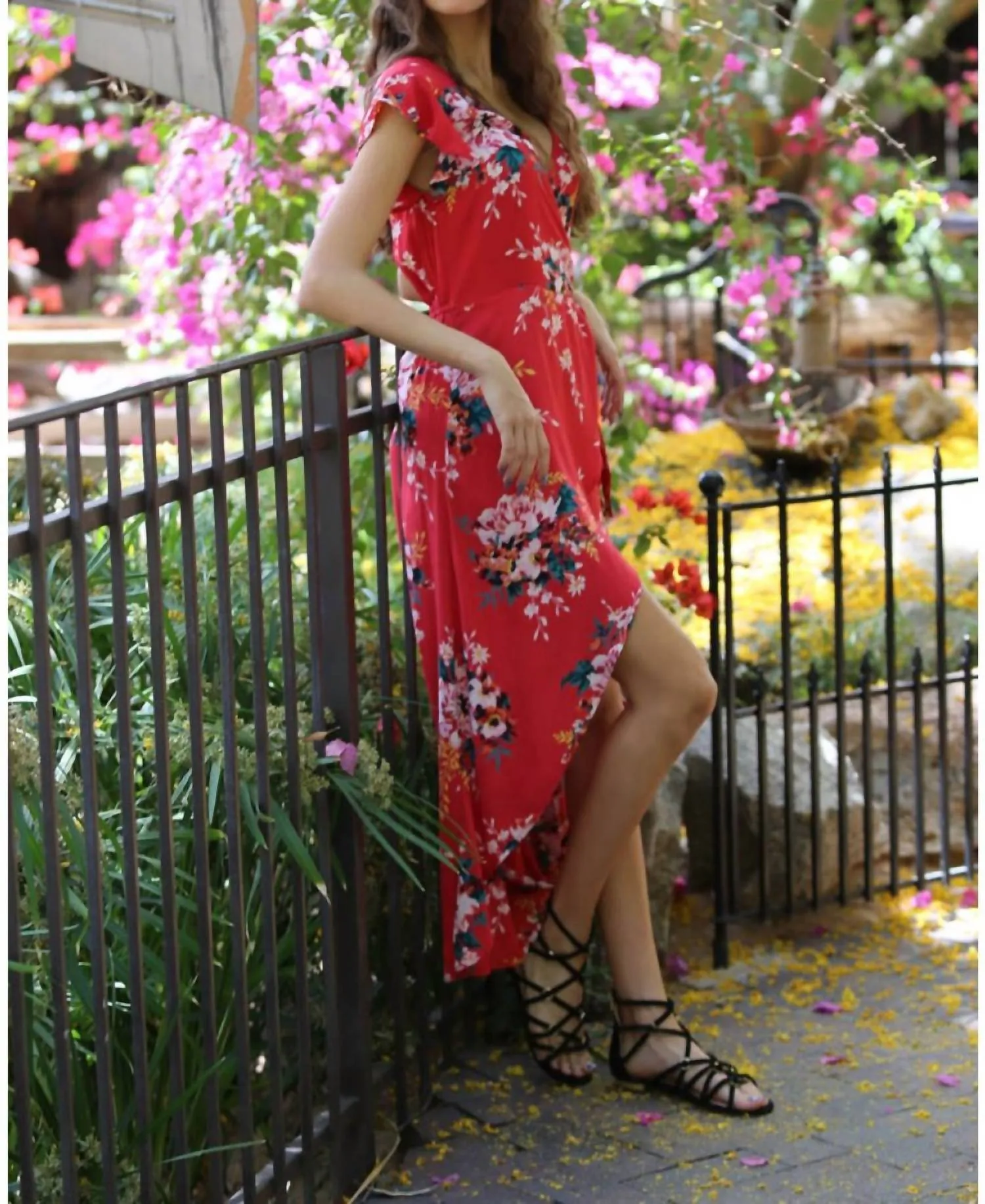 Floral Walk Through Maxi Romper In Red