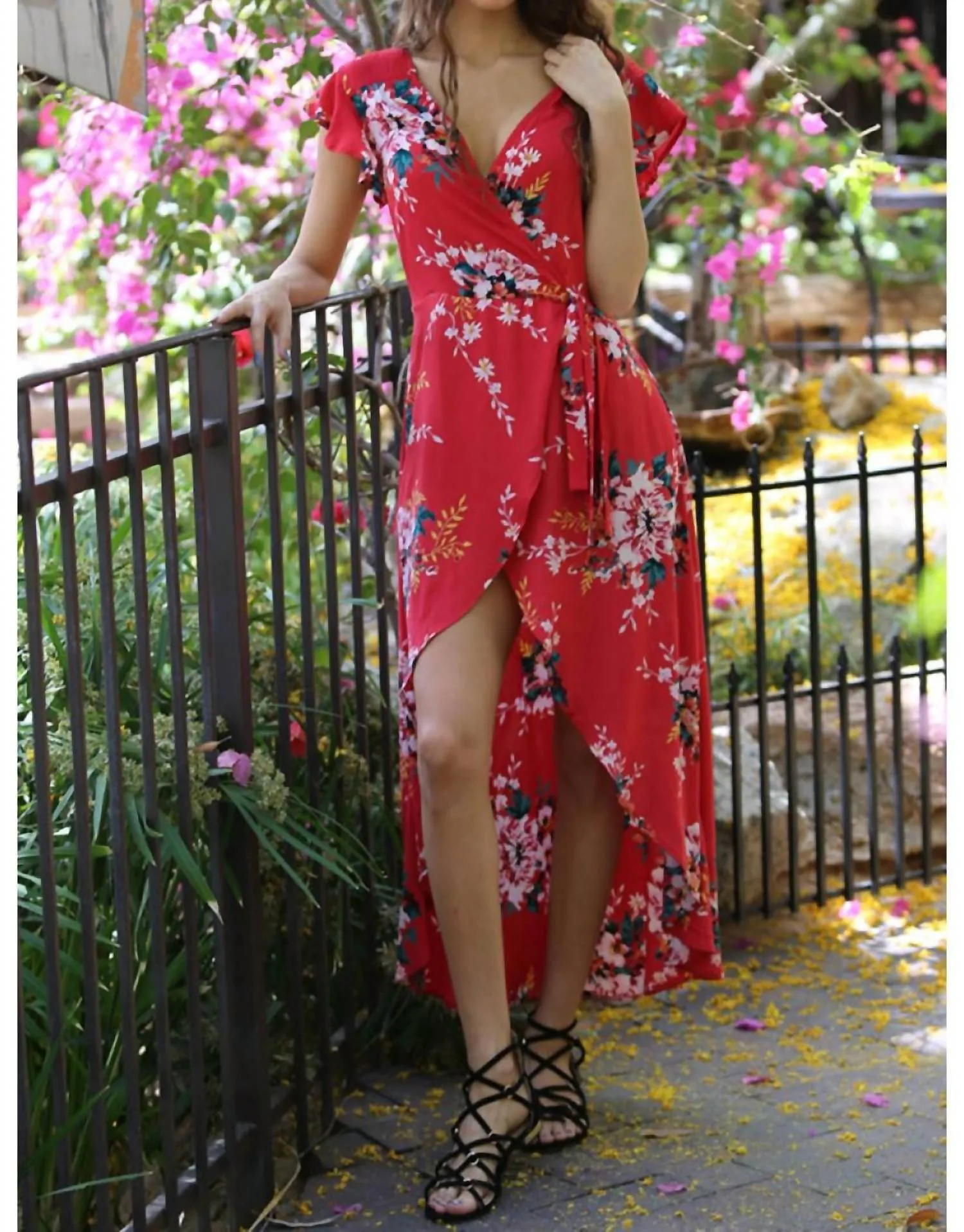 Floral Walk Through Maxi Romper In Red
