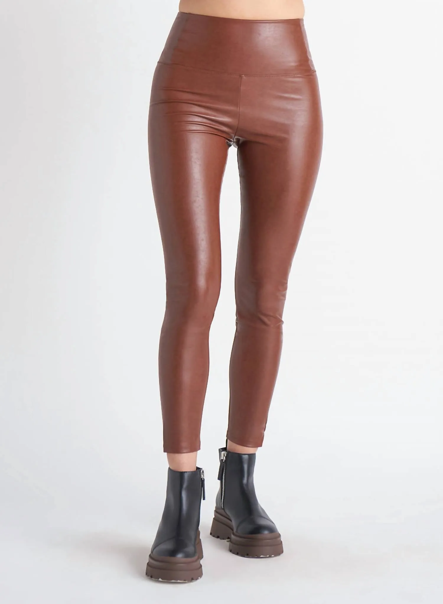 High Waisted Faux Leather Leggings In Dark Camel