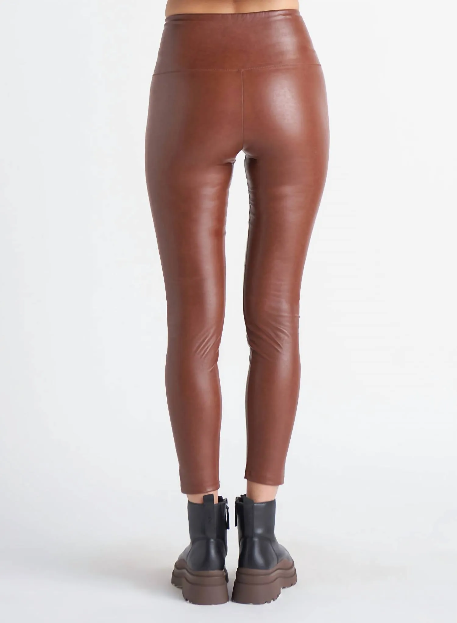 High Waisted Faux Leather Leggings In Dark Camel