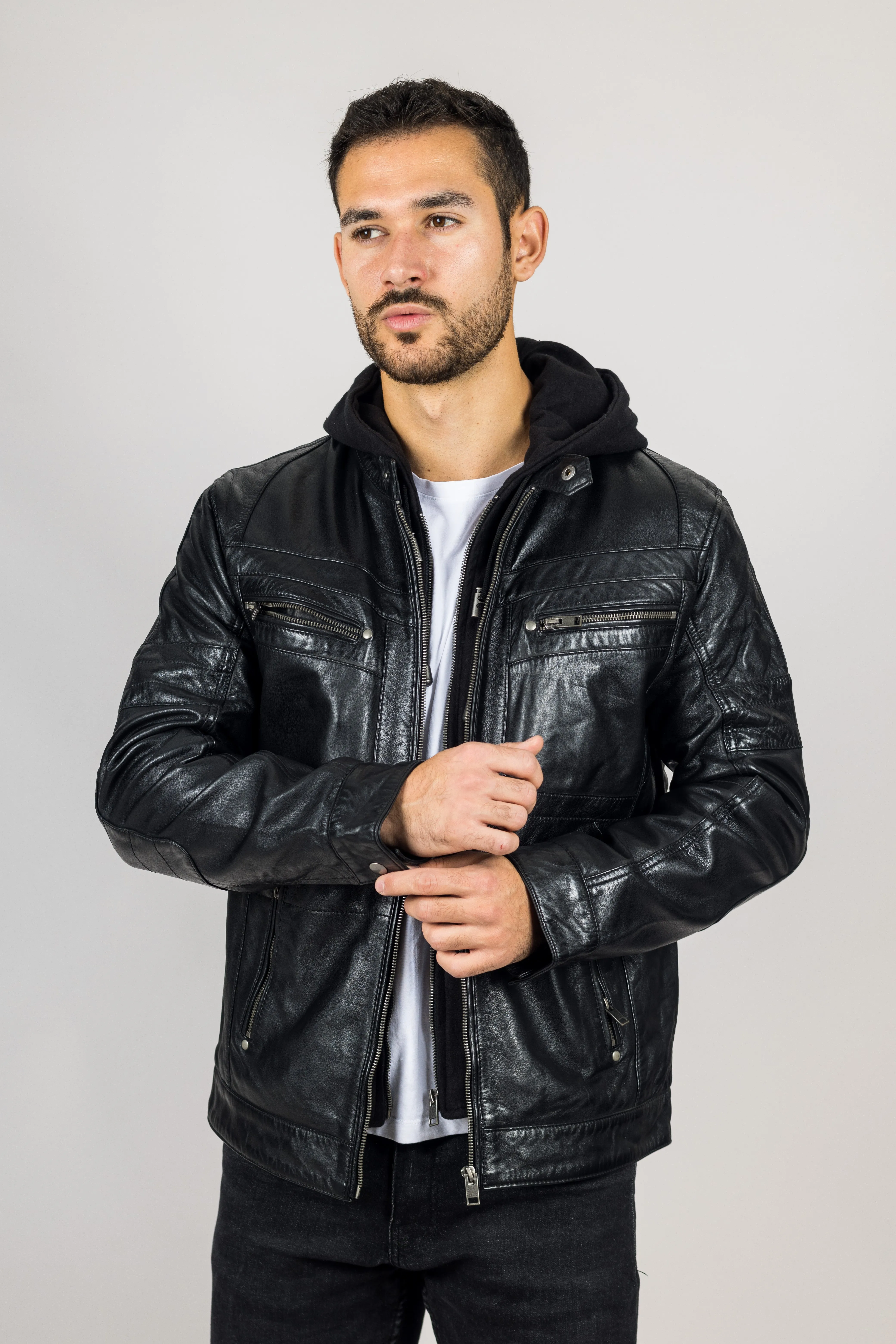 Hooded Genuine Leather Motorcycle Biker Jacket