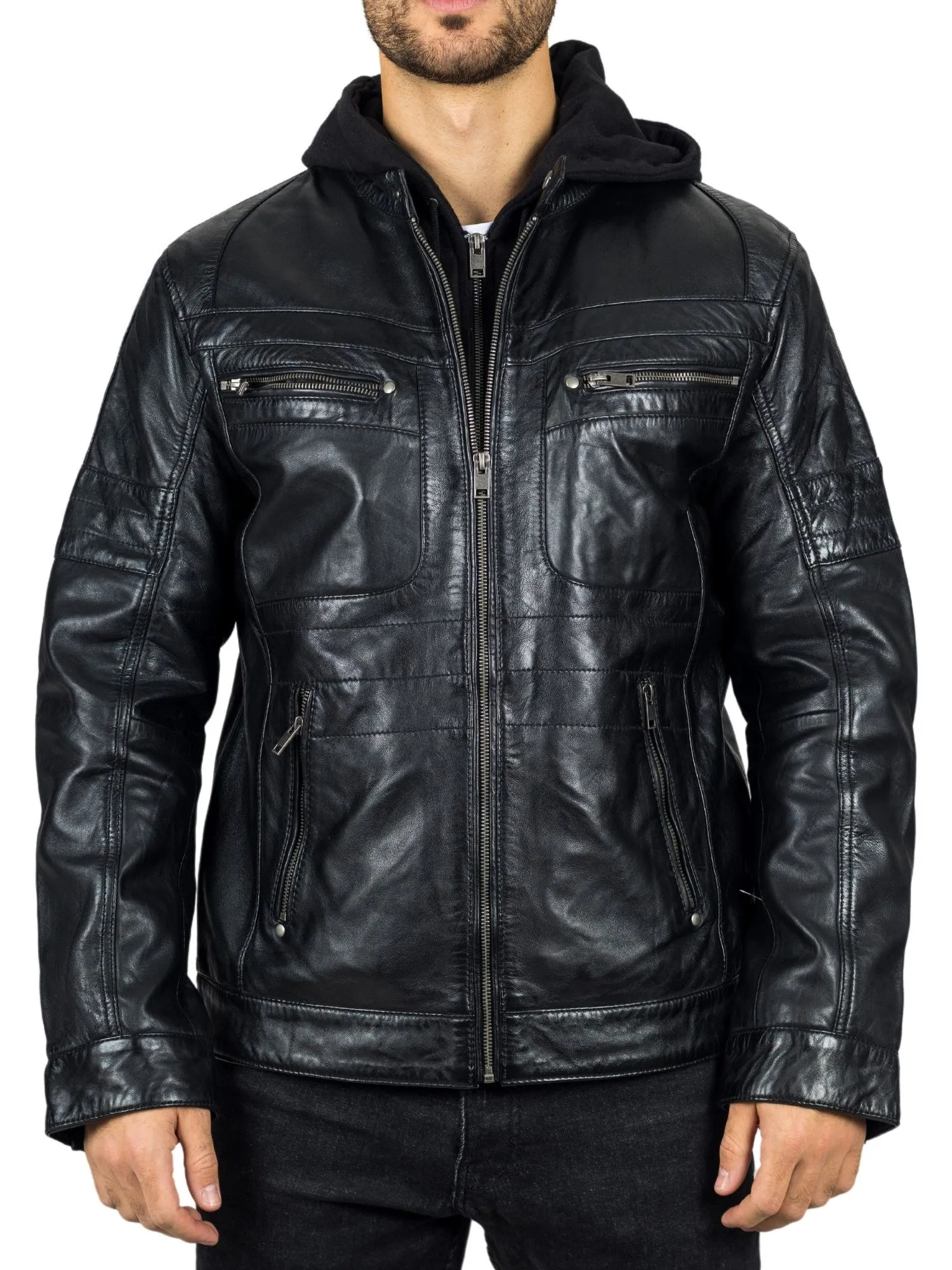 Hooded Genuine Leather Motorcycle Biker Jacket