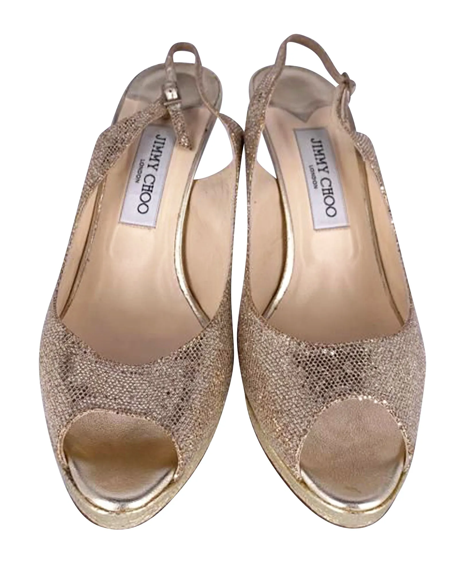 Jimmy Choo Nova Glitter Peep Toe Slingback Pumps in Gold Leather