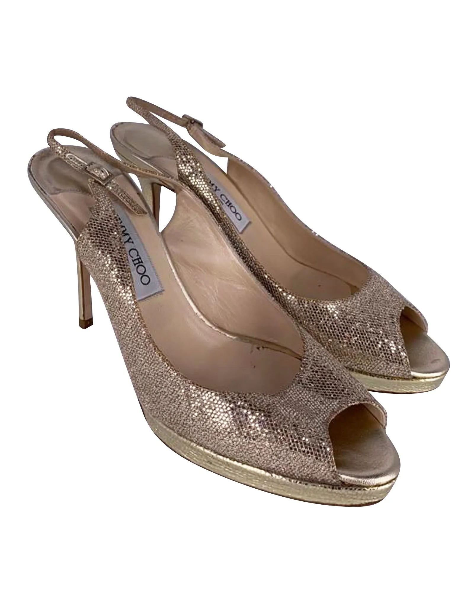 Jimmy Choo Nova Glitter Peep Toe Slingback Pumps in Gold Leather