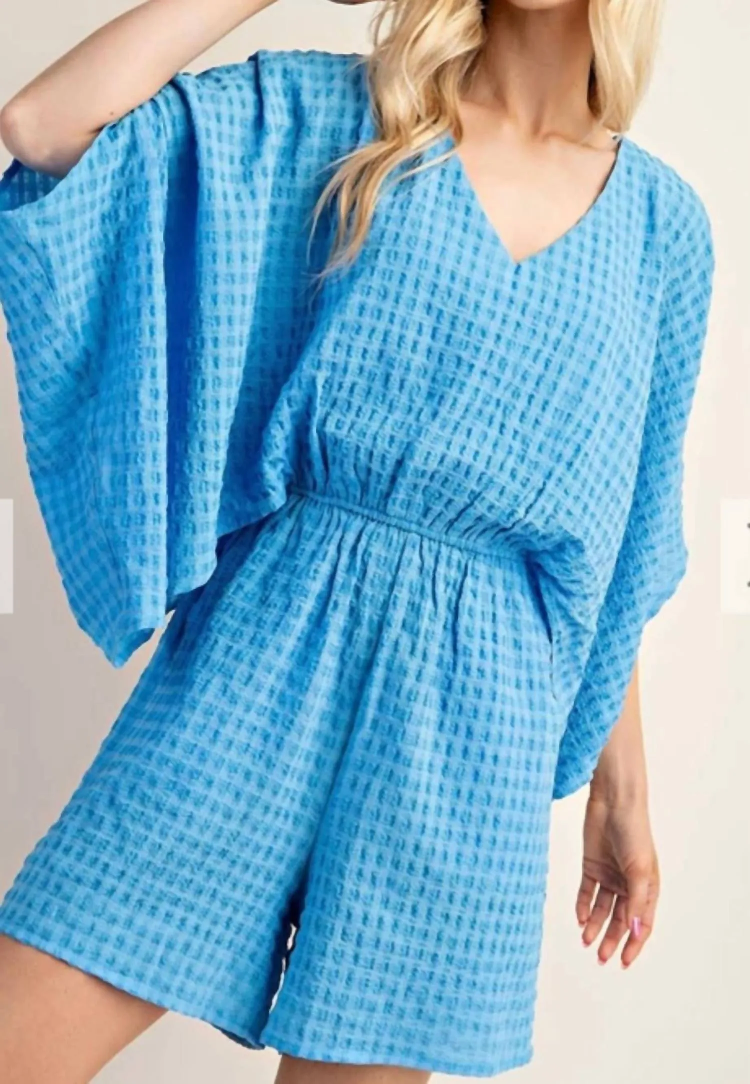 Kimono Sleeve Romper With Top Lining And Elastic Waist In Blue
