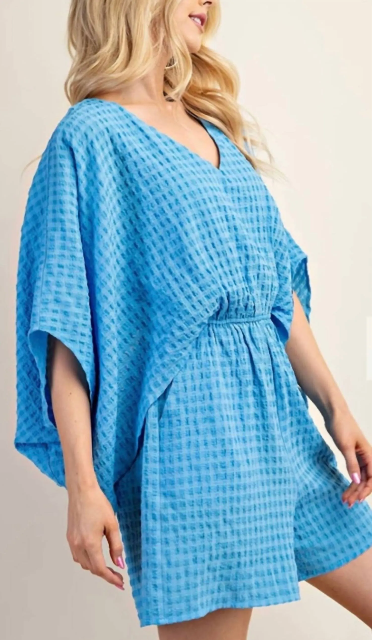 Kimono Sleeve Romper With Top Lining And Elastic Waist In Blue
