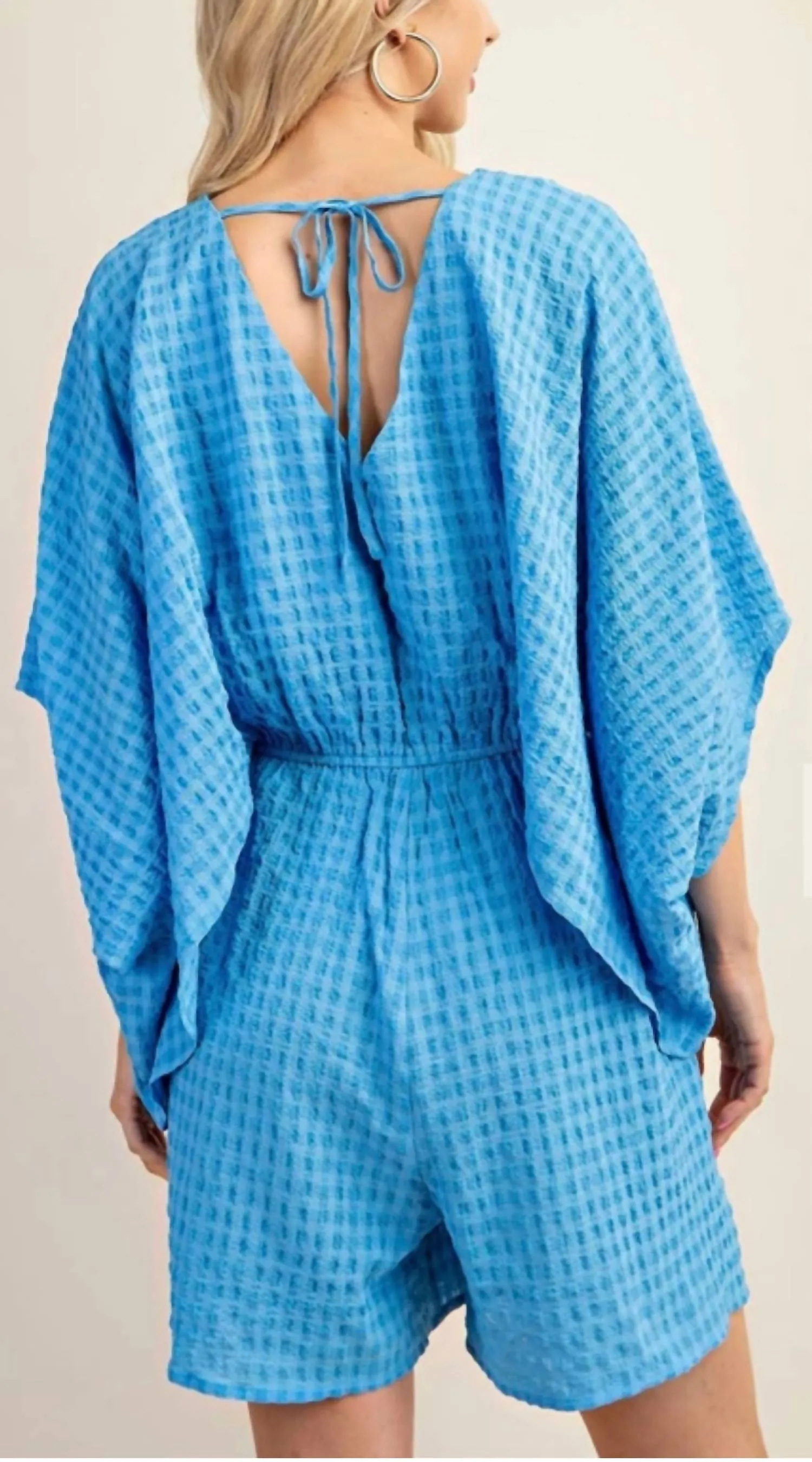 Kimono Sleeve Romper With Top Lining And Elastic Waist In Blue