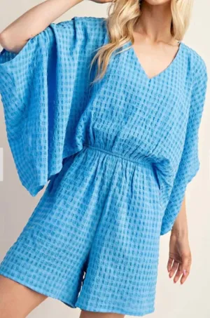 Kimono Sleeve Romper With Top Lining And Elastic Waist In Blue