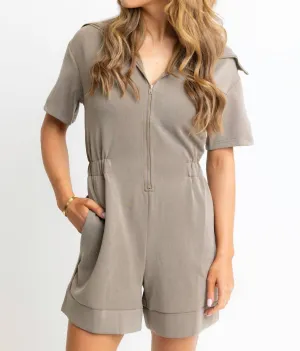 Knit Zip Novelety Romper In Taupe