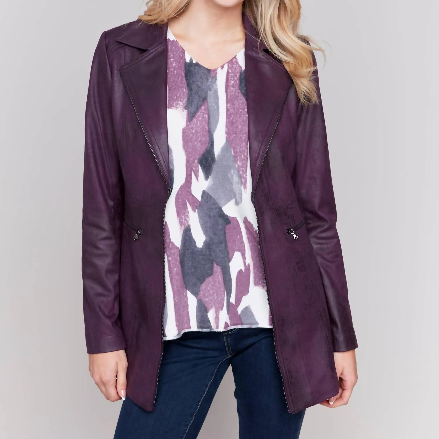 Long Faux Suede Moto Jacket In Plum