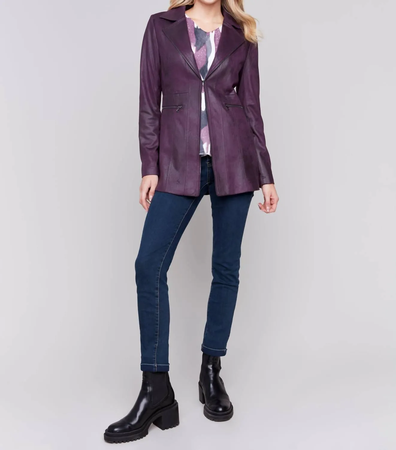Long Faux Suede Moto Jacket In Plum
