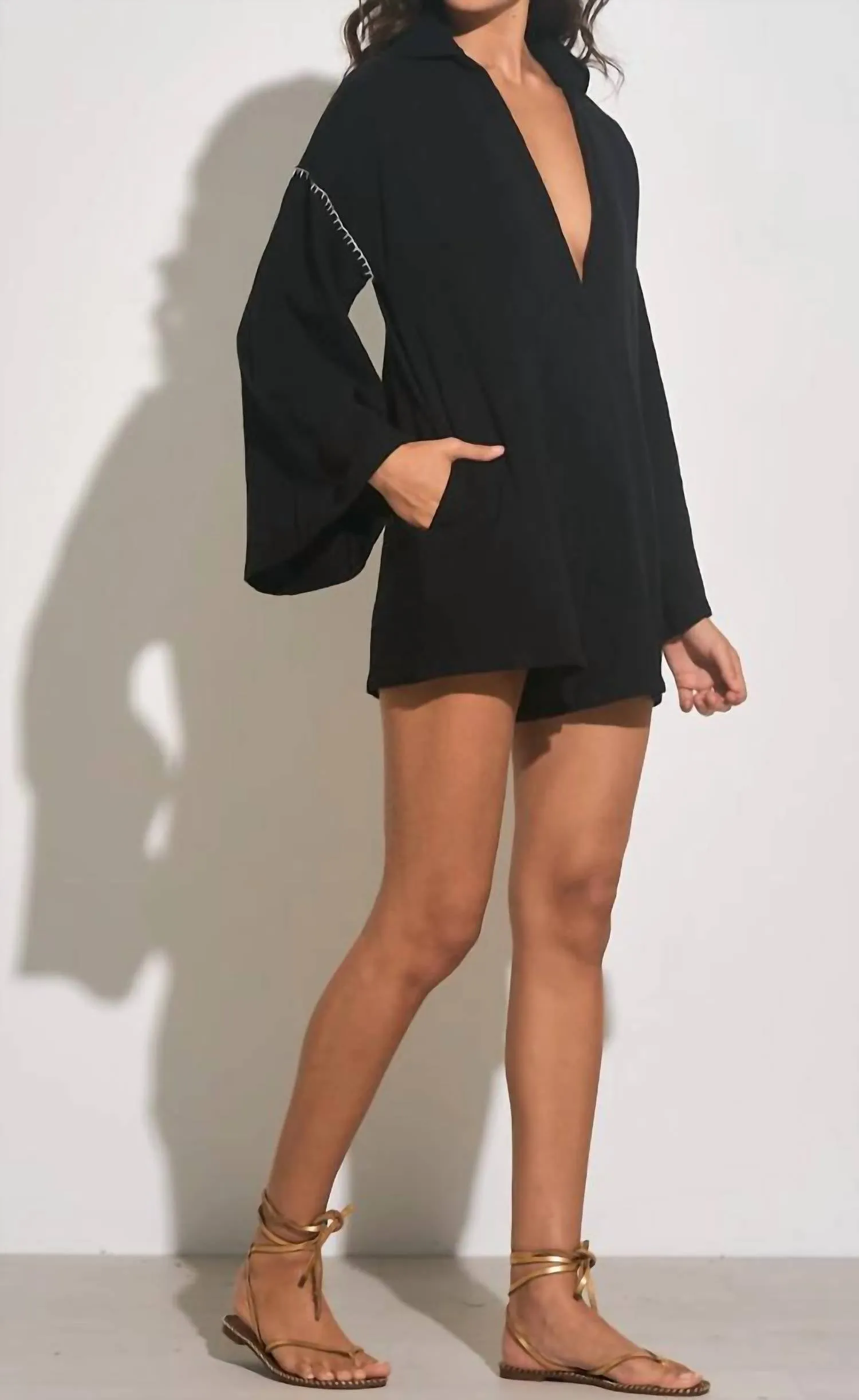 Long Sleeve Vneck Romper In Black