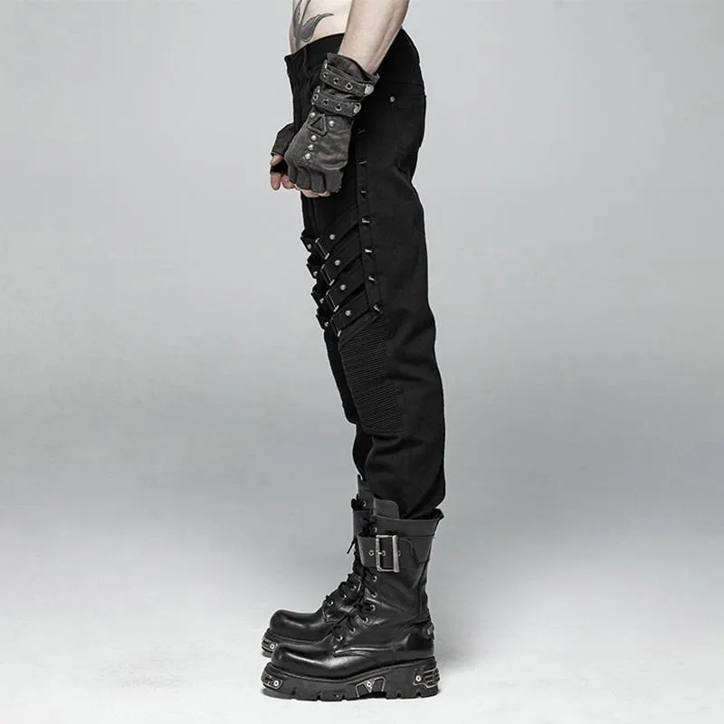 Men's Punk Rivets Straight-Leg Pants With Buckles