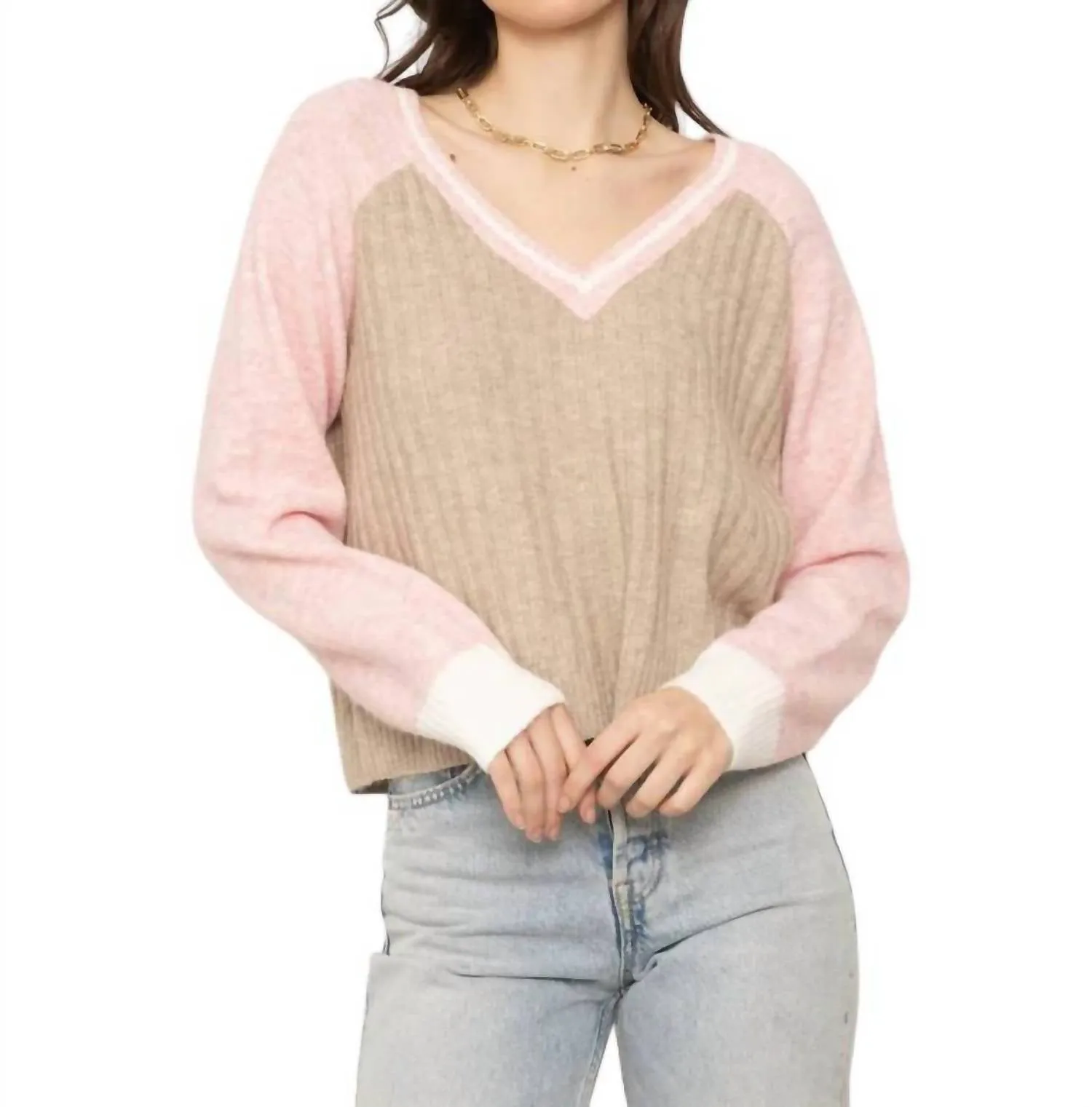 Millie Varsity Sweater In Beige/pink