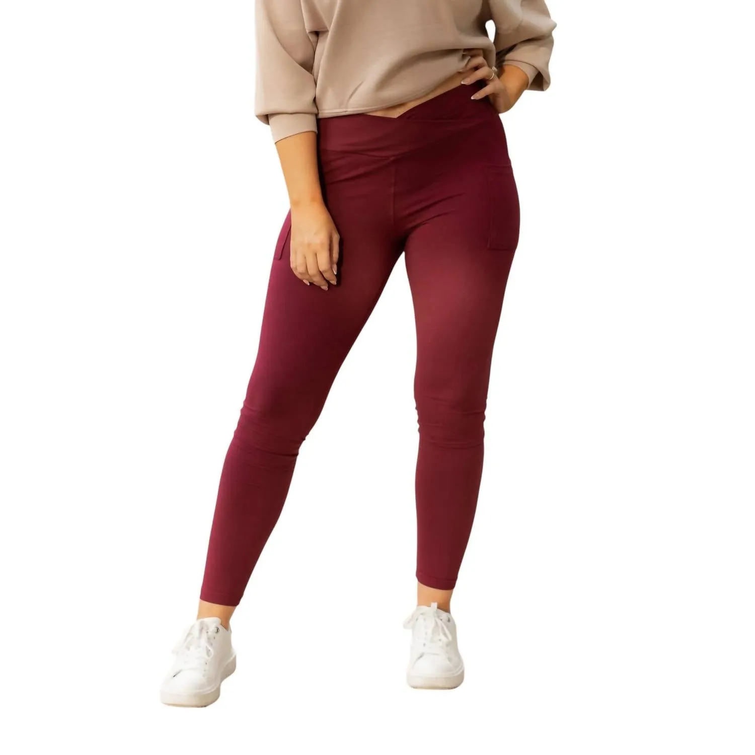 Molly Crossover Full Length Leggings With Pockets In Maroon