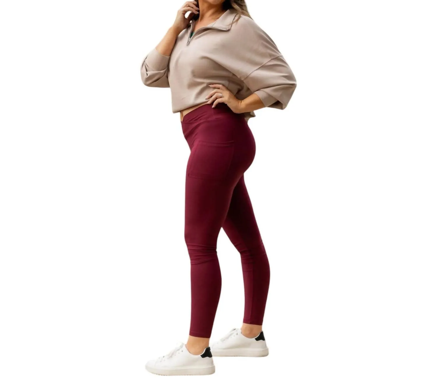 Molly Crossover Full Length Leggings With Pockets In Maroon
