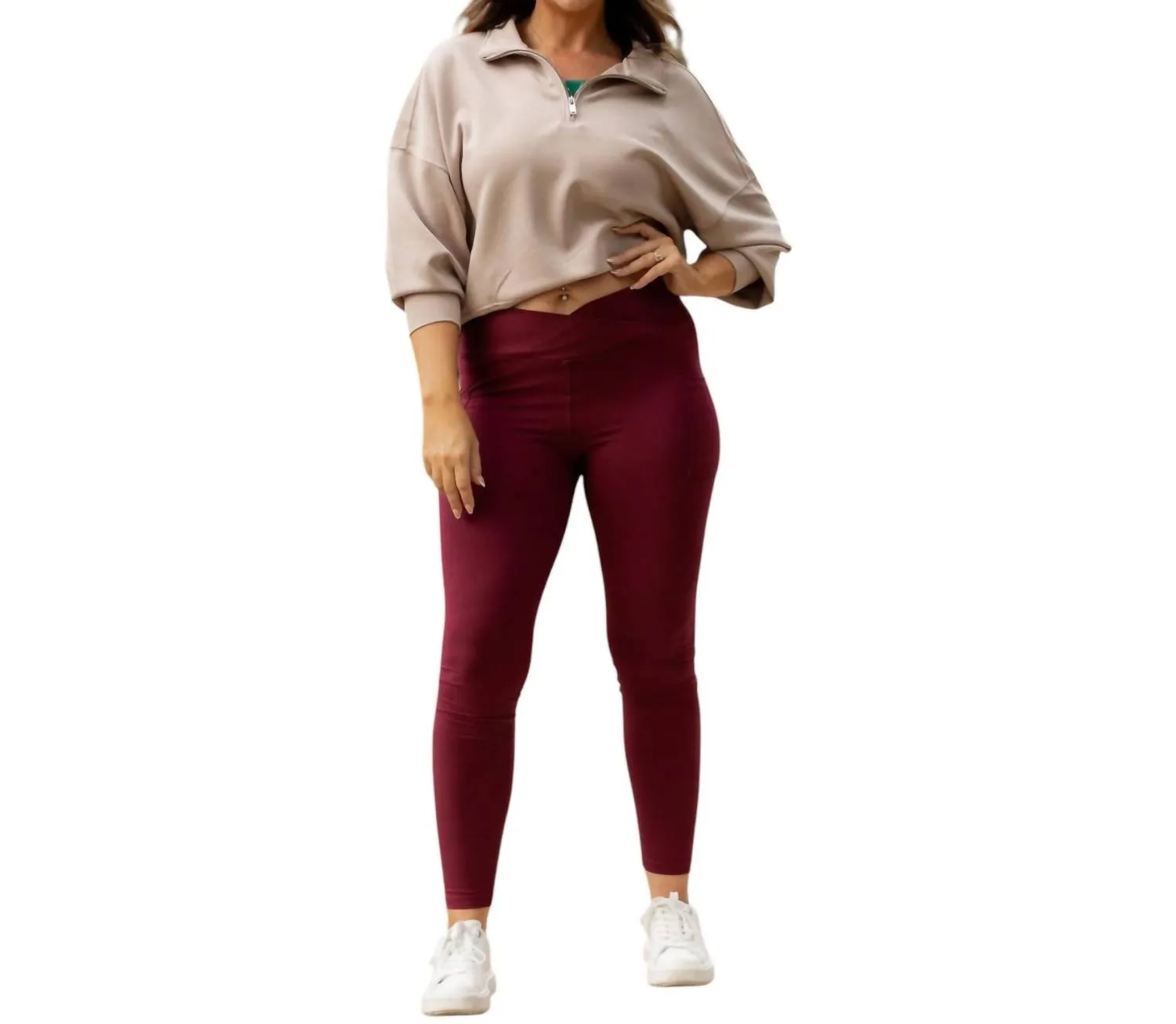 Molly Crossover Full Length Leggings With Pockets In Maroon