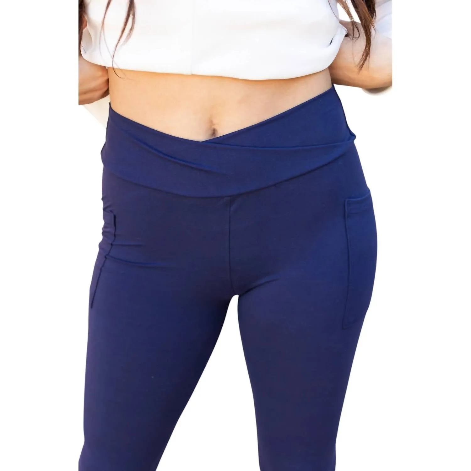 Nadia Crossover Full Length Leggings With Pockets In Navy