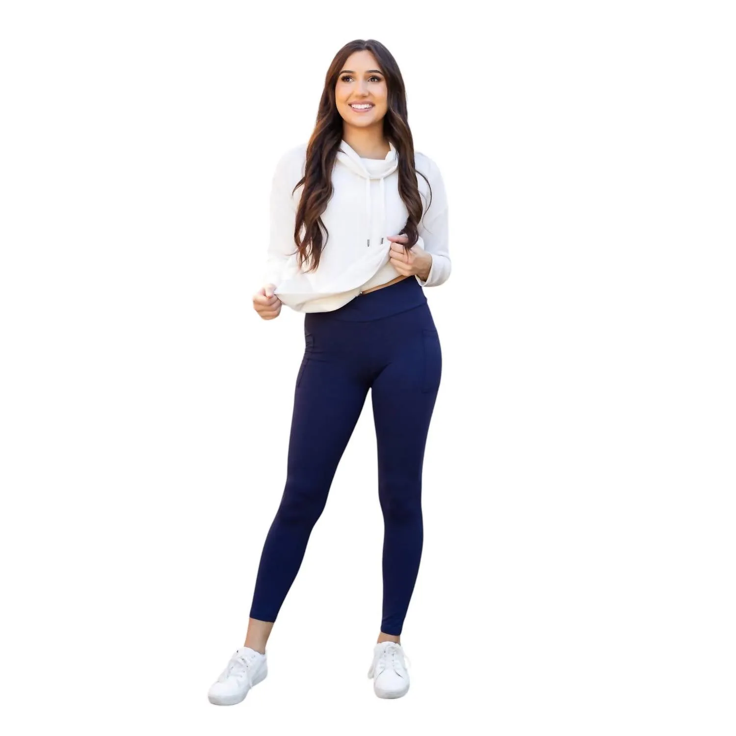 Nadia Crossover Full Length Leggings With Pockets In Navy