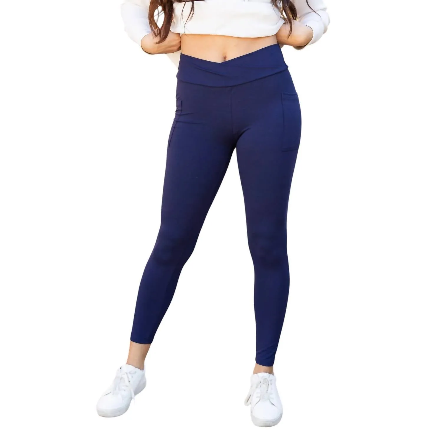 Nadia Crossover Full Length Leggings With Pockets In Navy
