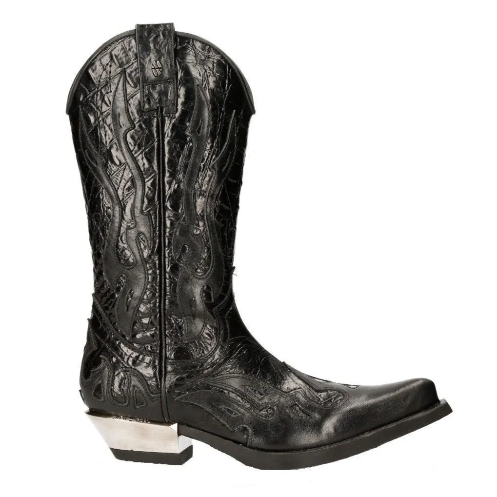 New Rock Flame Accented Black Leather Biker Cowboy Boots- M-7921-S1