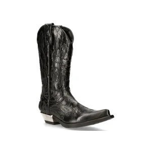 New Rock Flame Accented Black Leather Biker Cowboy Boots- M-7921-S1